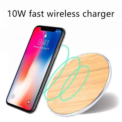 high quality customized logo 10w  metal+bamboo simple convenient portable wireless charger for iphone//SAMSUNG/LG/yota/Nokia